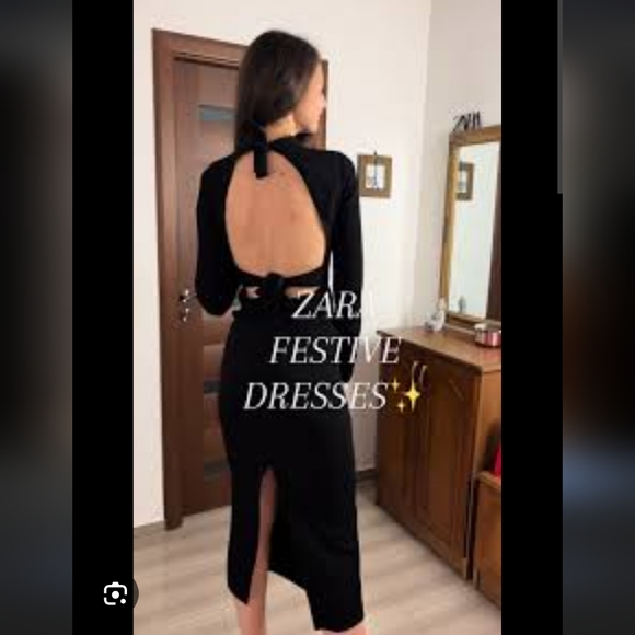 Zara Dresses & Skirts - Zara Black Open Bow Back Long Slwwves Back Slit Midi Dress
